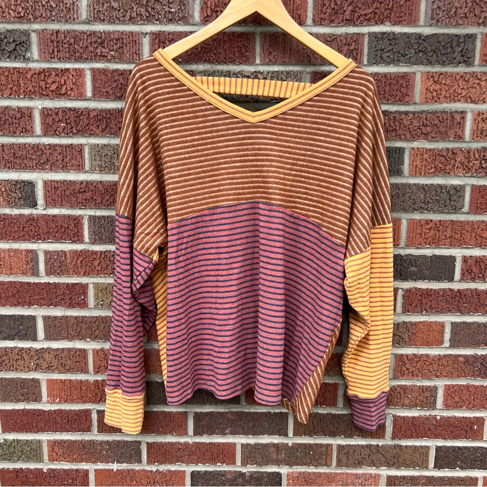 White Birch Mustard Yellow and Light Brown Striped Colorblock Back Twisted Top - Picture 2 of 8